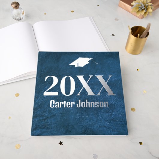 Afstuderen zilverfolie op blauw leer gastenboek (Voorkant open)