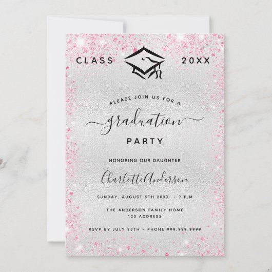 Afstuderen zilverroze glitter modern kaart (Voorkant)