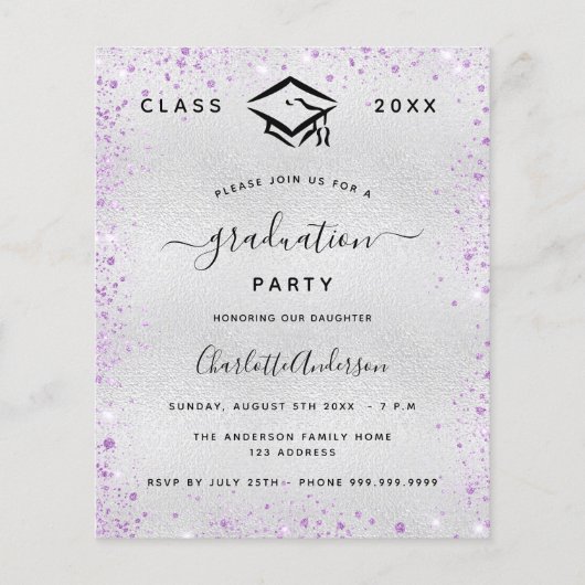 Afstuderen zilverviolet glitter budget uitnodiging flyer (Voorkant)
