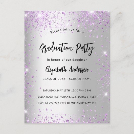 Afstuderen zilverviolet paars uitnodiging briefkaart (Voorkant)