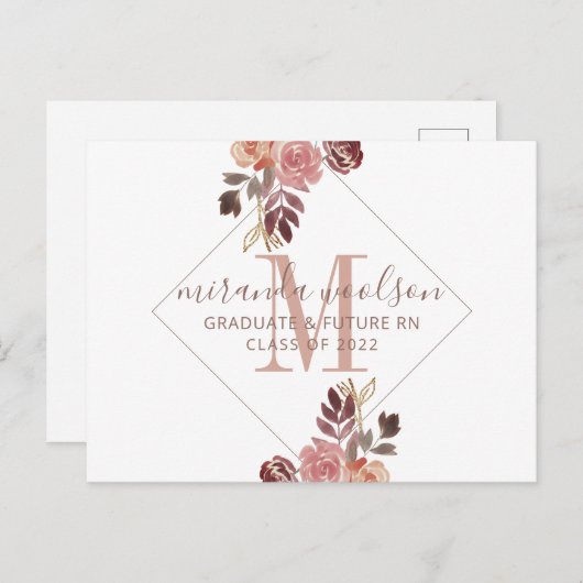 Afstuderen Zuurmonogram Floral Aankondiging Pos (Voorkant / Achterkant)