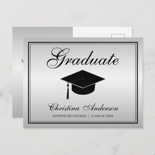 Afstuderen zwart Afstudeerder Pet en script op zil Uitnodiging Briefkaart (Voorkant / Achterkant)