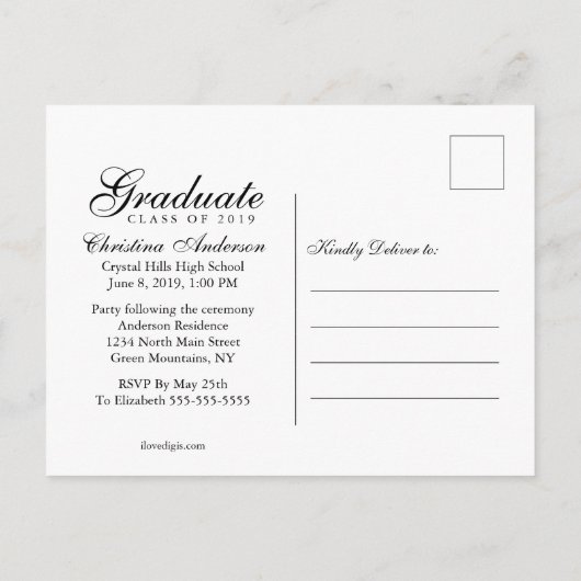 Afstuderen zwart Afstudeerder Pet & script op witt Uitnodiging Briefkaart (Achterkant)