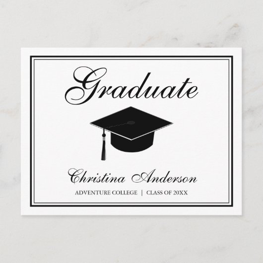 Afstuderen zwart Afstudeerder Pet & script op witt Uitnodiging Briefkaart (Voorkant)