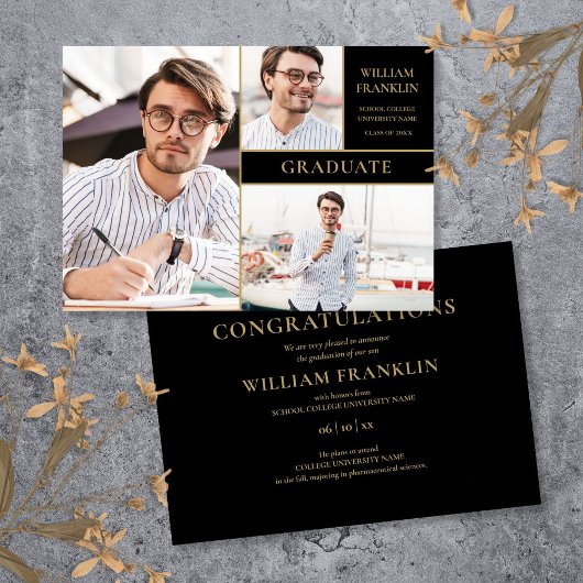 Afstuderen zwart en Gold 3 Photo Collage Afstudere Aankondiging