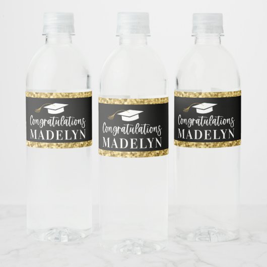 Afstuderen zwart en goud - Glitter 2023 - Aangepas Waterfles Etiket (Flessen)