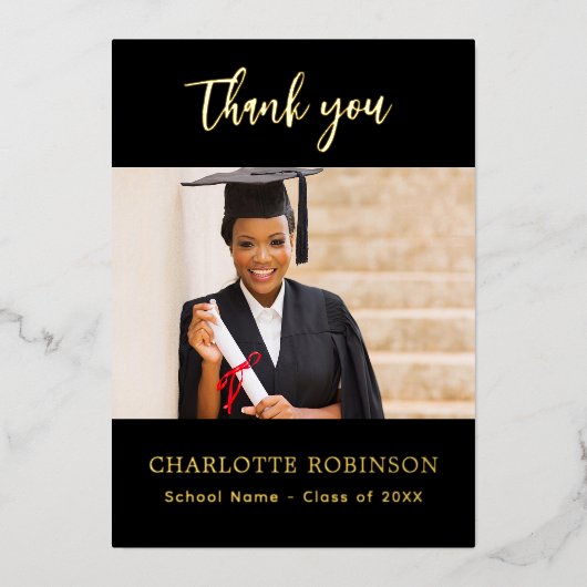 Afstuderen Zwart Goud Foto folie Dank u kaart (Voorkant)