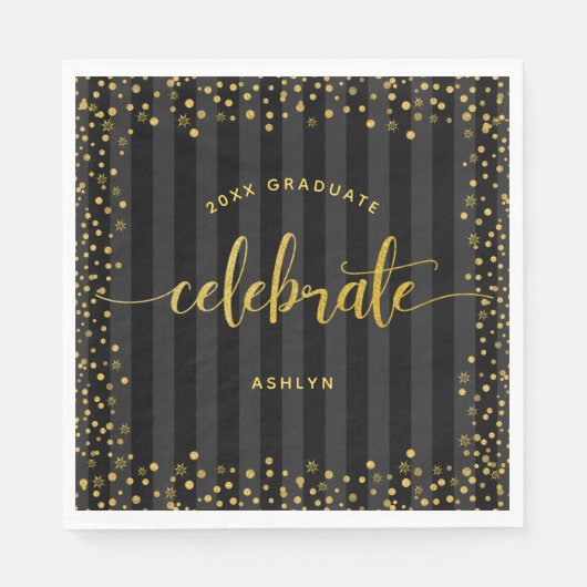 Afstuderen Zwart Goud Glitter Script Stripes Naam Servet (Voorkant)
