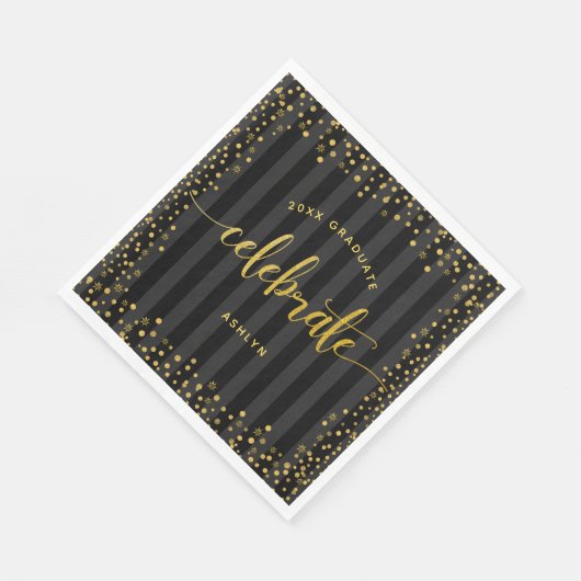 Afstuderen Zwart Goud Glitter Script Stripes Naam Servet (Hoek)