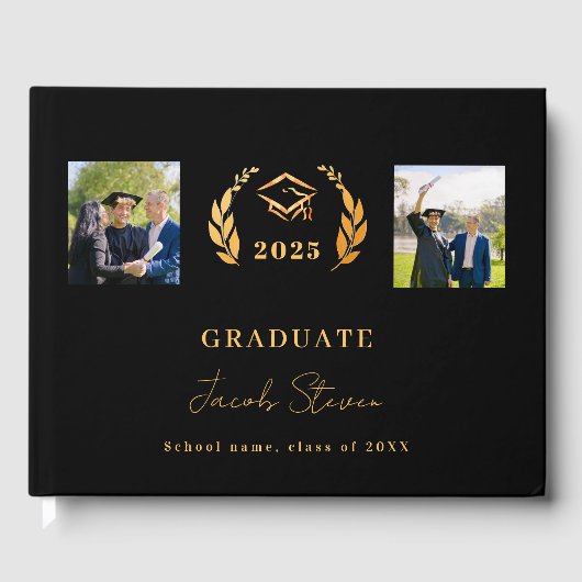 Afstuderen Zwart Goud Naam Script Foto Gastenboek (Voorkant)