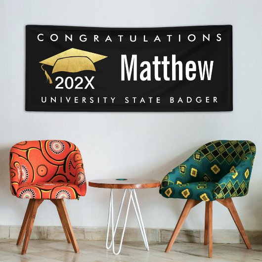 Afstuderen Zwart Goud Pet Modern Vet Eenvoudig Typ Spandoek