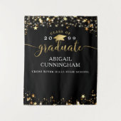 Afstuderen Zwart Goud Sterren Confetti Lichten Scr Wandkleed (Voorkant)