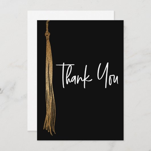 Afstuderen Zwart Goud Tassel Modern Handgeschreven Bedankkaart (Voorkant / Achterkant)
