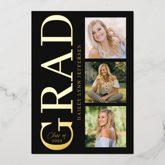 Afstuderen Zwart Gouden Folie Afstuderen Folie Uitnodiging (Voorkant)