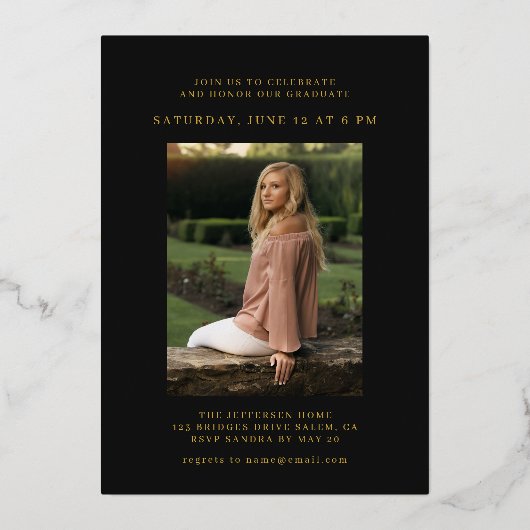 Afstuderen Zwart Gouden Folie Afstuderen Folie Uitnodiging (Achterkant)