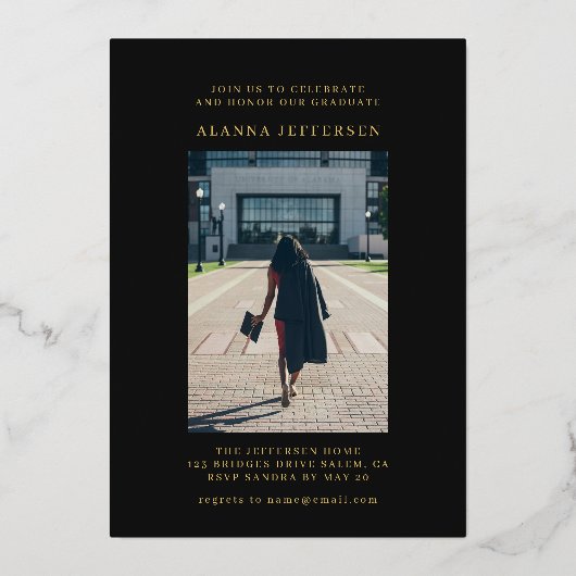 Afstuderen Zwart Gouden Folie Afstuderen Folie Uitnodiging (Achterkant)