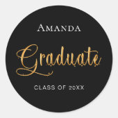 Afstuderen zwart gouden naam elegant ronde sticker (Voorkant)