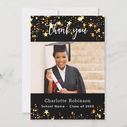 Afstuderen zwart gouden sterren foto bedankkaart (Voorkant)