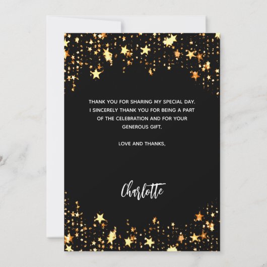 Afstuderen zwart gouden sterren foto bedankkaart (Achterkant)