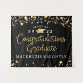 Afstuderen Zwart Gouden Sterren Lichten Confetti L Wandkleed (Voorkant (horizontaal))