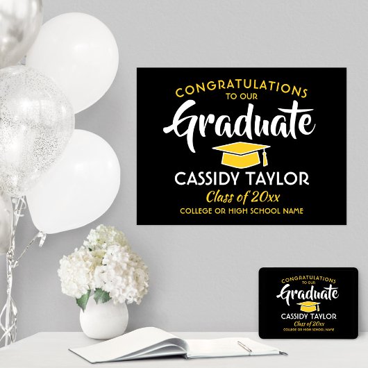 Afstuderen, zwart, goudgeel en wit poster