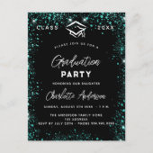 Afstuderen zwart groen blauwgroen glitter script uitnodiging briefkaart (Voorkant)