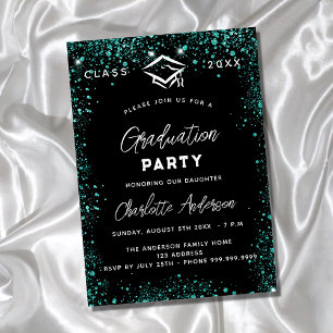 Afstuderen zwart groen blauwgroen glitter script uitnodiging briefkaart