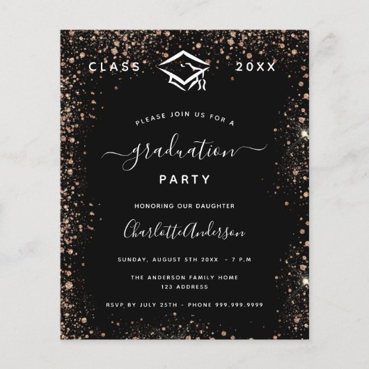 Afstuderen zwart roos goud 2025 uitnodiging (Voorkant)