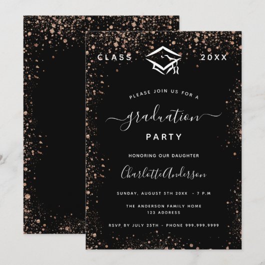 Afstuderen zwart roos gouden schitteringen kaart (Voorkant / Achterkant)