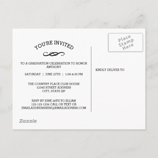 Afstuderen zwart-wit - Briefkaart uitnodiging (Achterkant)