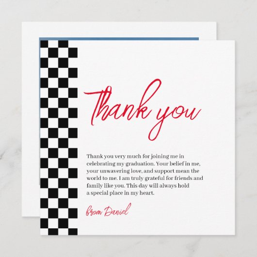 Afstuderen zwart&wit geruit Bedankkaart (Voorkant / Achterkant)