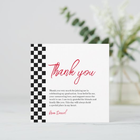 Afstuderen zwart&wit geruit Bedankkaart (Staand voorkant)