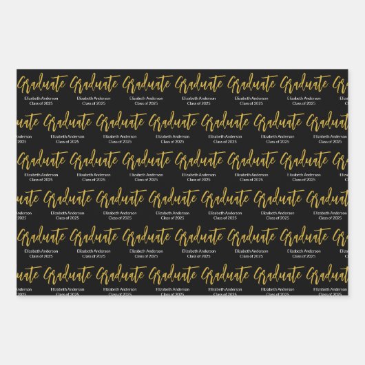 Afstuderen Zwart Wit Goud Afstudeerder Naam Klasse Inpakpapier Vel (Voorkant 2)