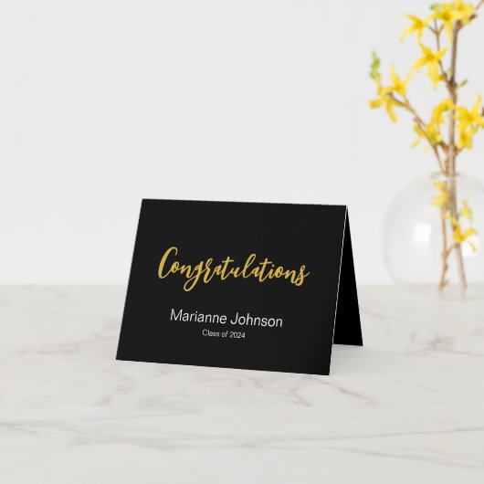 Afstuderen Zwart Wit Goud Gefeliciteerd Naam Kaart (Gele Bloem)