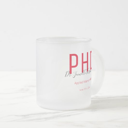 Afstuderen zwarte datumnaam graad PhD Matglas Koffiemok (Voorkant rechts)