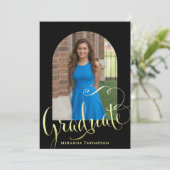 Afstuderen zwarte gouden boog met fotokalligrafie kaart (Staand voorkant)