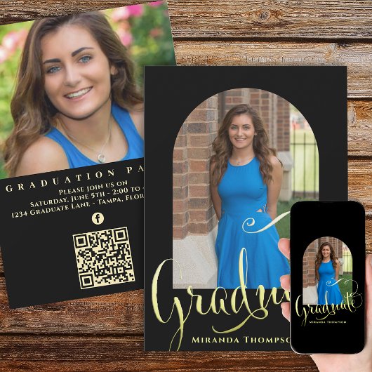 Afstuderen zwarte gouden boog met fotokalligrafie kaart