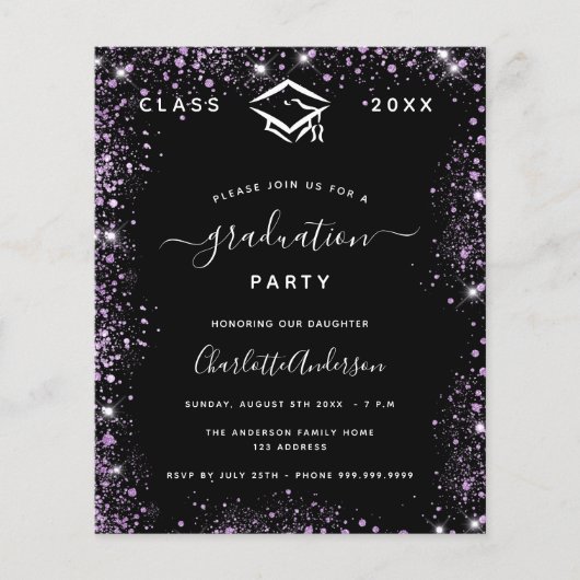 Afstuderen zwarte paarse glitterstof (Voorkant)