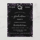 Afstuderen zwarte paarse violet glitter glamoureus uitnodiging briefkaart (Voorkant)