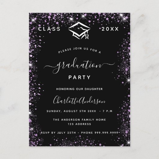 Afstuderen zwarte paarse violet glitter glamoureus uitnodiging briefkaart (Voorkant)