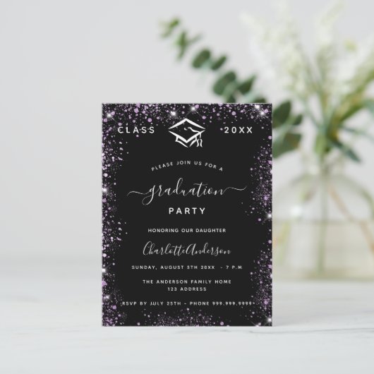 Afstuderen zwarte paarse violet glitter glamoureus uitnodiging briefkaart (Staand voorkant)