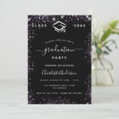 Afstuderen zwarte paarse violet glitter luxe kaart (Staand voorkant)