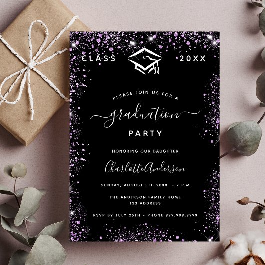 Afstuderen zwarte paarse violetglitter kaart