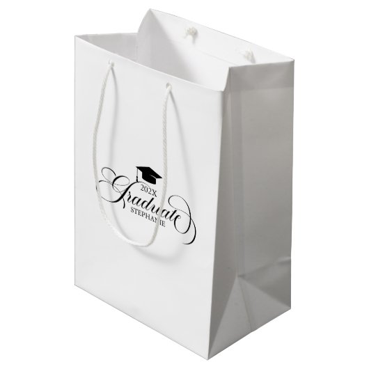 Afstuderen zwarte scripttypografie medium cadeauzakje (Voorkant Gekanteld)