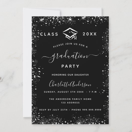 Afstuderen zwarte zilverglitter kaart (Voorkant)