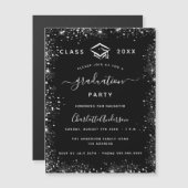 Afstuderen zwarte zilverglitter luxe magnetische uitnodiging (Voorkant / Achterkant)