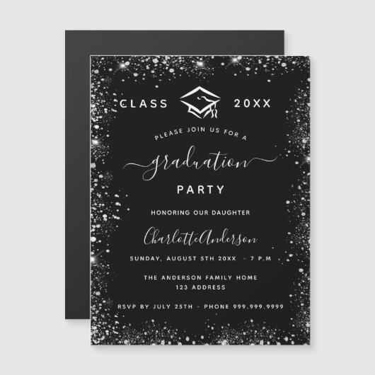 Afstuderen zwarte zilverglitter luxe magnetische uitnodiging (Voorkant / Achterkant)