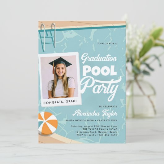 Afstuderen Zwembad Party Modern Summer Elegant Fot Kaart (Staand voorkant)