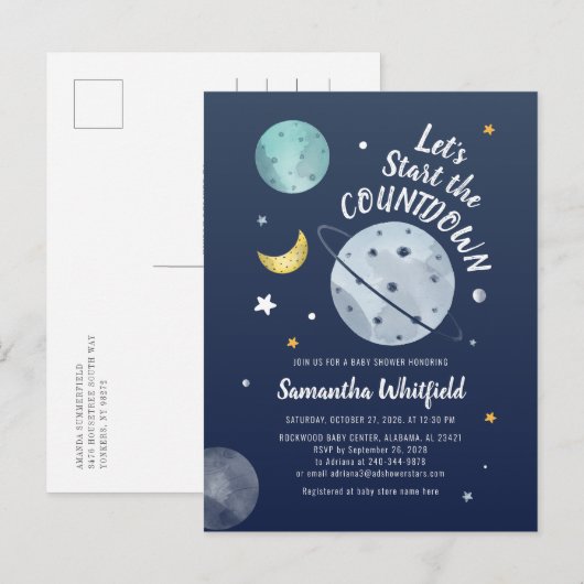 Aftellen Baby shower buiten ruimteas Aftellen Manu Uitnodiging Briefkaart (Voorkant / Achterkant)