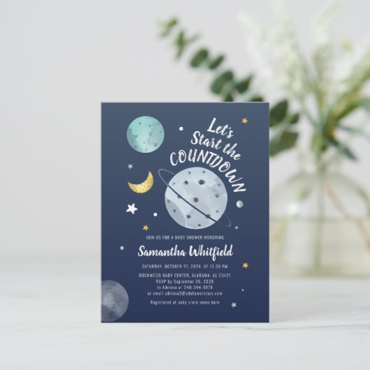 Aftellen Baby shower buiten ruimteas Aftellen Manu Uitnodiging Briefkaart (Staand voorkant)